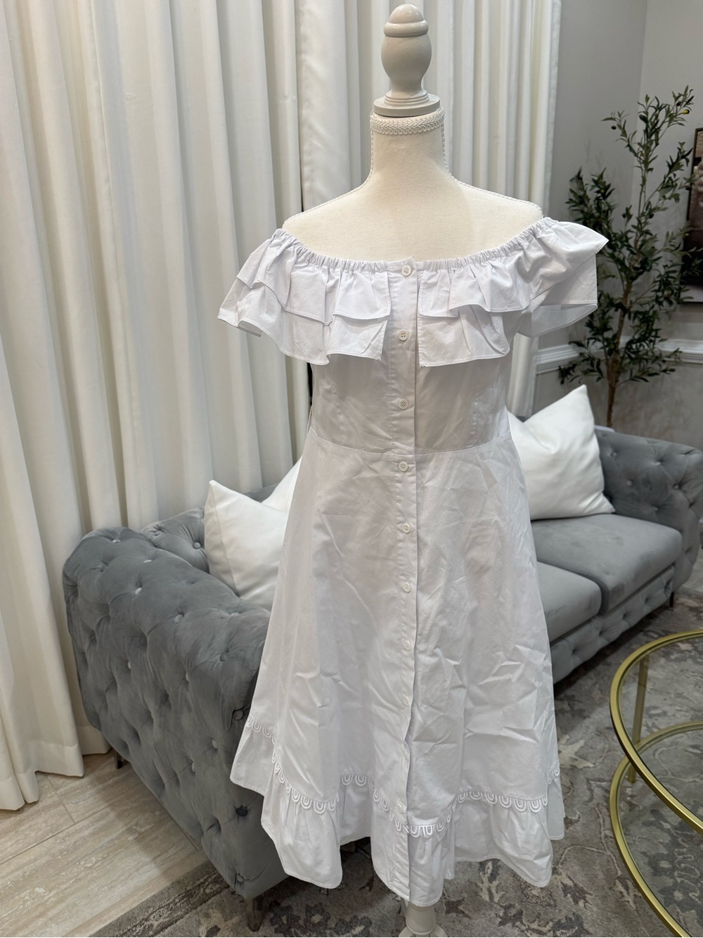 Off-Shoulder White Ruffle Midi Dress